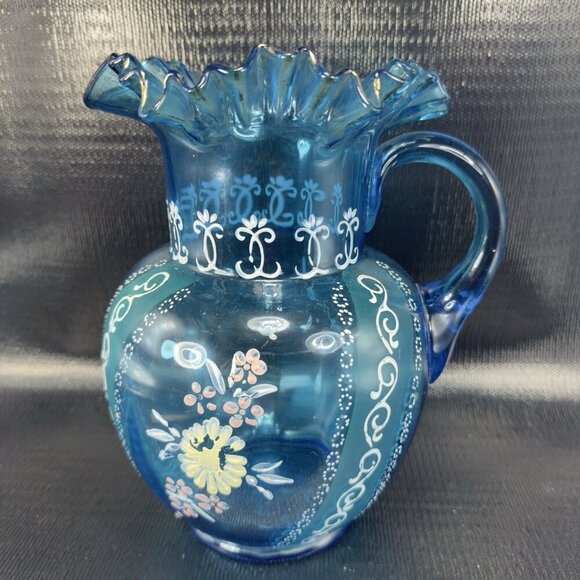 Antique Victorian Glass Pitcher Blue Enameled Crimped Rim Manganese 365nm Glow - Picture 3 of 16